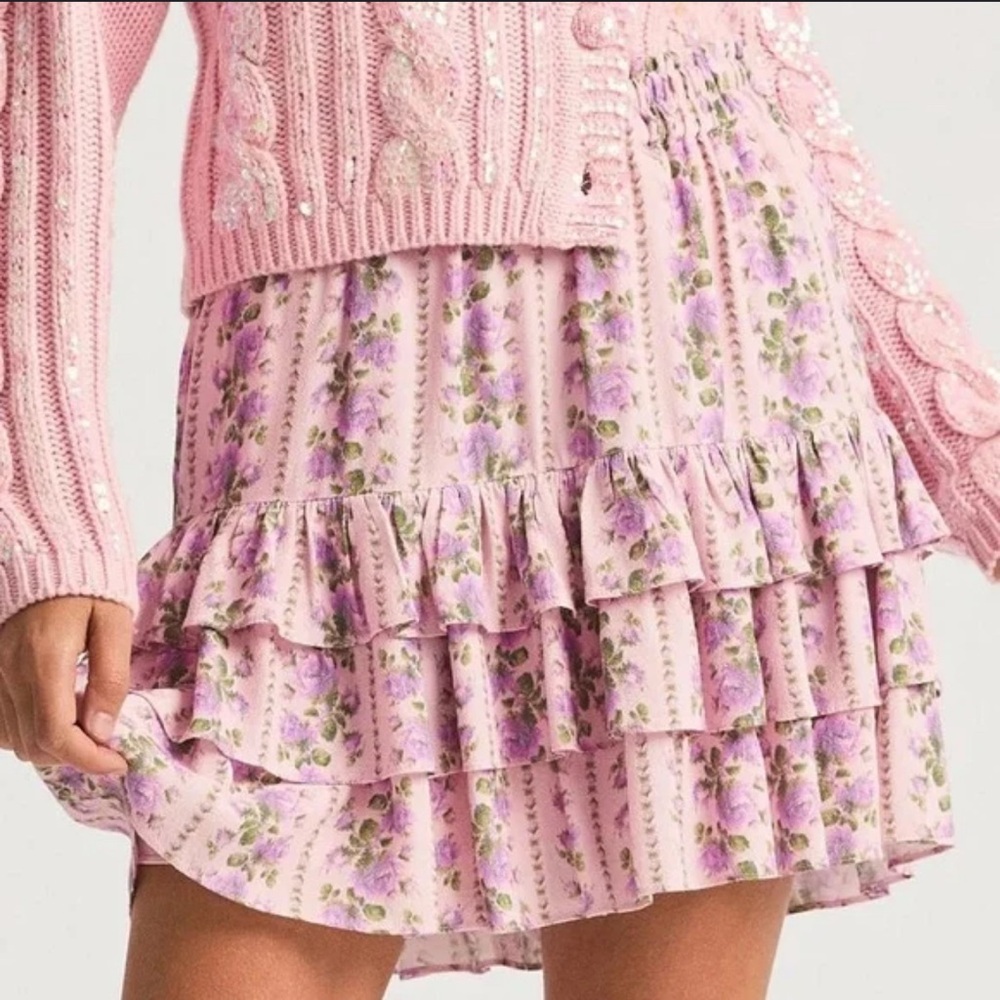 loveshackfancy Pink Floral Mini Skirt with Ruffled Tiers size XS